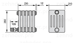 Схема (чертеж) Радиатор Zehnder Charleston 6026/5 №V003 Белый глянцевый RAL 9016